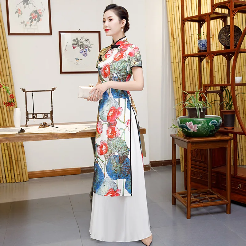 Bela Plus Velikost 4XL 5XL Kitajske Tradicionalne Ženske Aodai Tiskanja Cvet Qipao Letnik Cheongsam Novost Kitajski Formalno Obleko