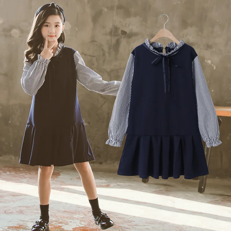 Dekle je Cvetje Krog Vratu Dolg Rokav Mozaik Ponaredek 2PCS Priložnostne Moda Obleke korejskem Slogu Koleno Dolžina Mornarsko Modra Obleke