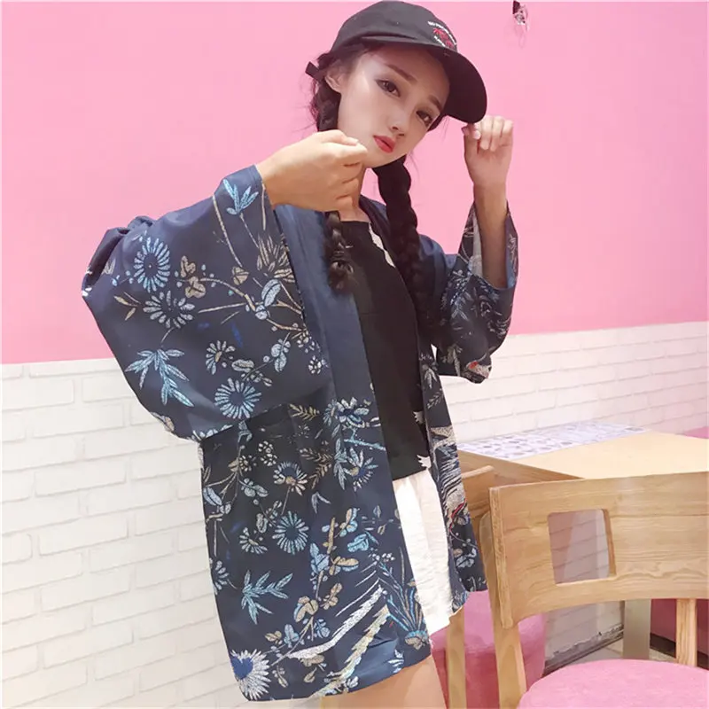 Woherb 2021 Poletje Letnik Japonski Kimono Style Shirt Tiskanje Boho Cvet Blusas Gospe Priložnostne Vrhovi Harajuku Srajce 20870