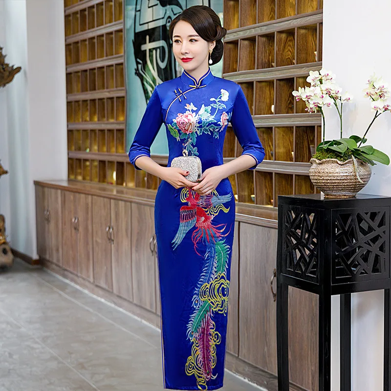 Vintage Kitajske Tradicionalne Ženske Velur Cvet Qipao Mandarin Ovratnik Cheongsam Novost Kitajski Formalno Obleko Plus Velikost 4XL 5XL