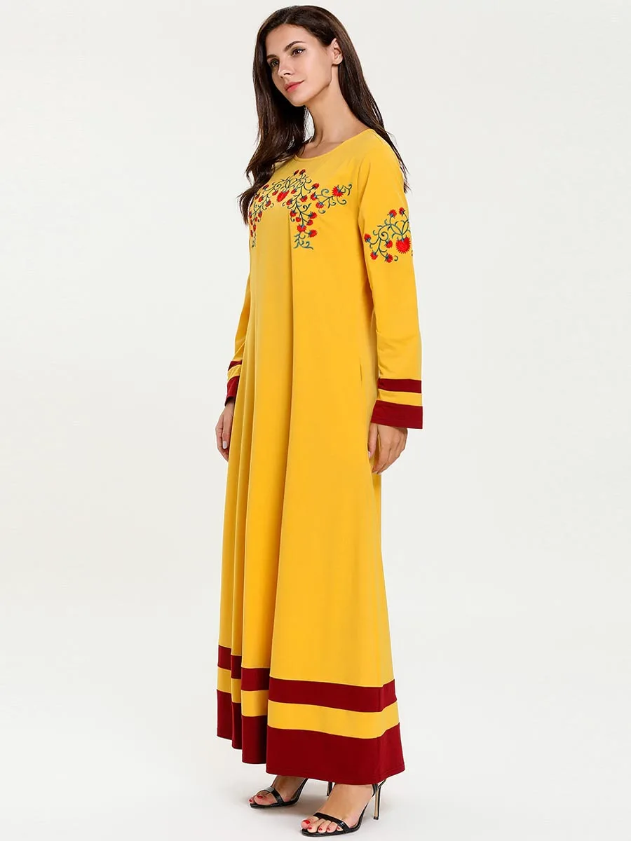 Abaya turški Velikosti ženska Moda in Ženske Kontrast Barve Stitcing Vezenje Jeseni Arabija Musulmane Femme Obleko