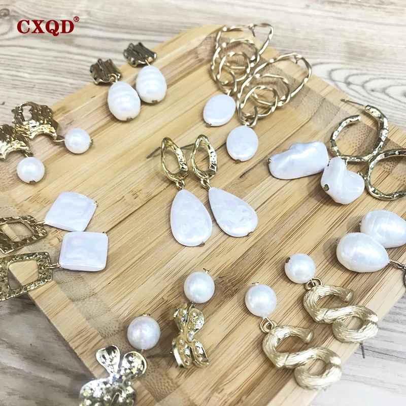 CXQD Koreja Ročno izdelan Modni Geometrijske Zlato Naravnih Lupini Pearl Spusti Uhani Za Ženske, Dekleta Visijo Uho Nakit Elegantno Klasično