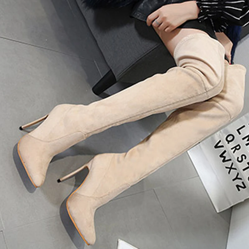 Leta 2019 Kolena, Visoko Ženske Škornji Faux Antilop Stretch Slim Čevlji Modni 12 cm Peto Stegno Visoki Škornji Čevlji Ženska 42 Velikost Klin Čevlji