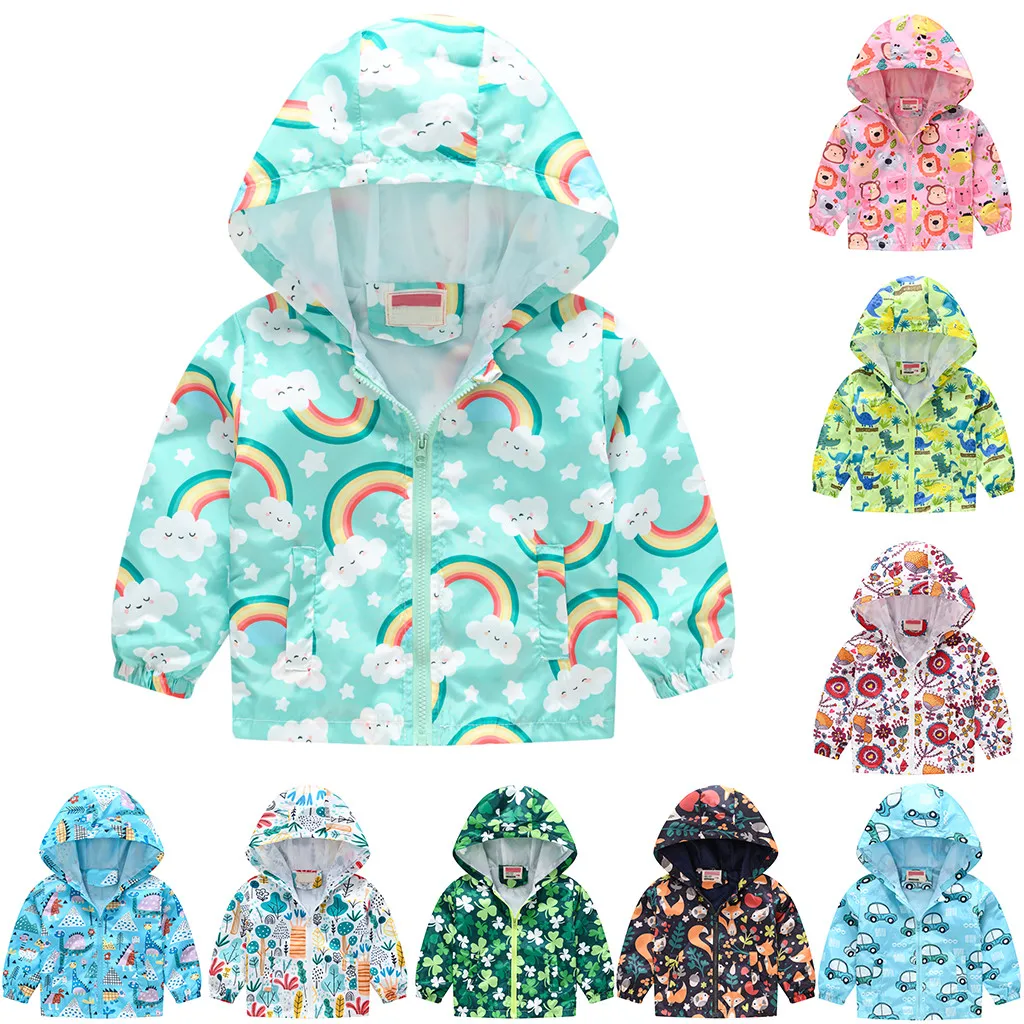 12M-5Y unisex suknjič baby toddler otroci plašči jeseni korejski otroška oblačila Risanka Tiskanja Suknjič Zadrgo Hooded Windproof Plašč t5