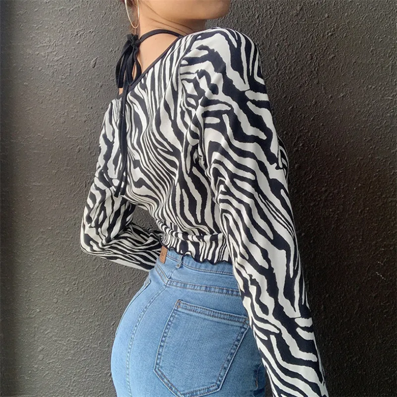 Ženske Priložnostne Dolgo sleeved Cardigan Fashion Zebra Vzorec Kvadratnih Ovratnik Čipke Izpostavljeni Popka T-shirt