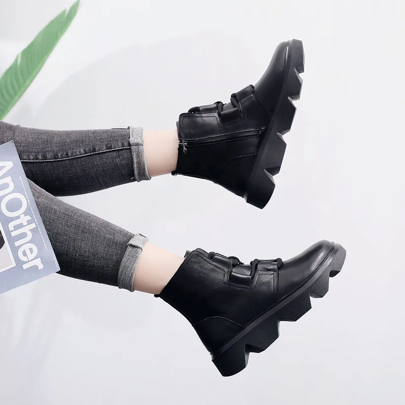 2020 Pozimi Retro Ročno izdelani Čevlji Ženske Nizko Klin Platformo Gleženj Škornji za Ženske Pravega Usnja Debelo Dno Priložnostne Kratek Čevlji