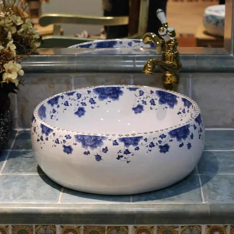 Modra in bela Evropi Vintage Stilu, Kitajska Ročno Lavabo Umivalnik Umetniške Kopalnico Umivalnik keramični bazen letnik porcelana korito