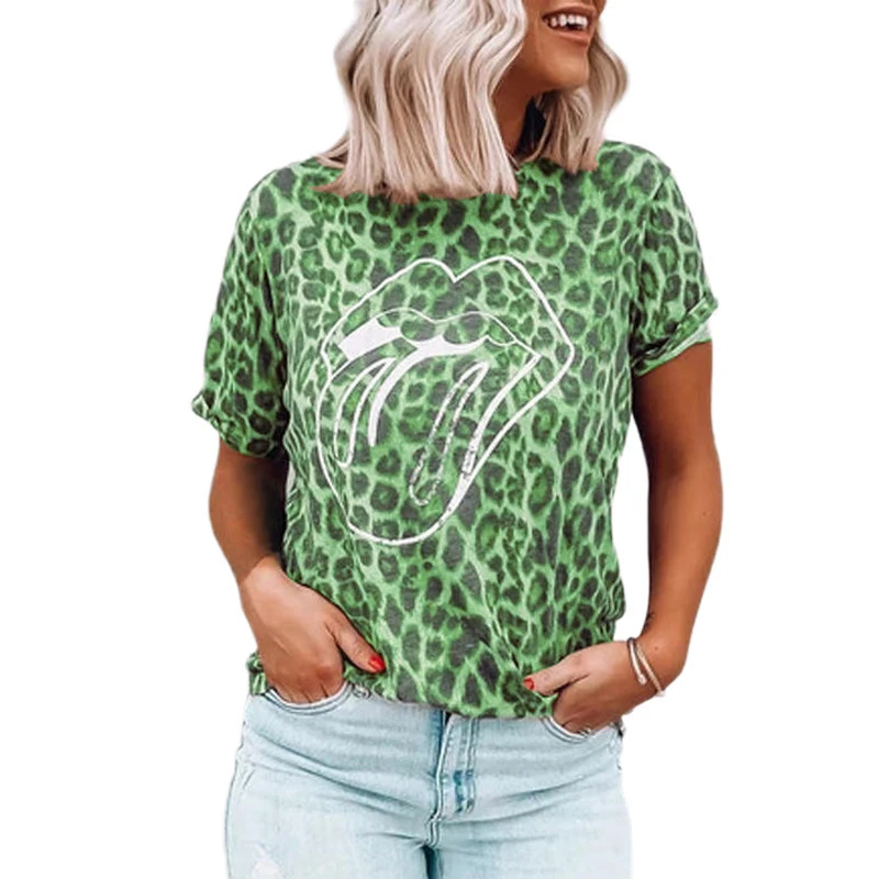 Plus Velikost S-3XL Priložnostne Poletje Vrhovi Tee Ženske Leopard Ustnice Natisnjeni O Vratu Ulične Kratek Rokav T-shirt 2020 SJ5886M