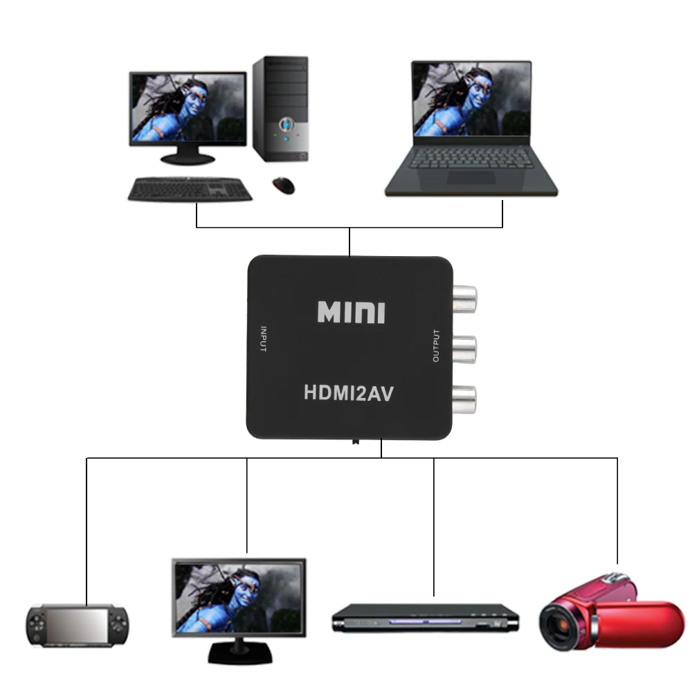 Črna Mini HDMI 1080P, da RCA Audio Video AV CVBS Adapter Pretvornik Za HDTV HDMI2AV Video Prilagodilnik Pretvornika Polje