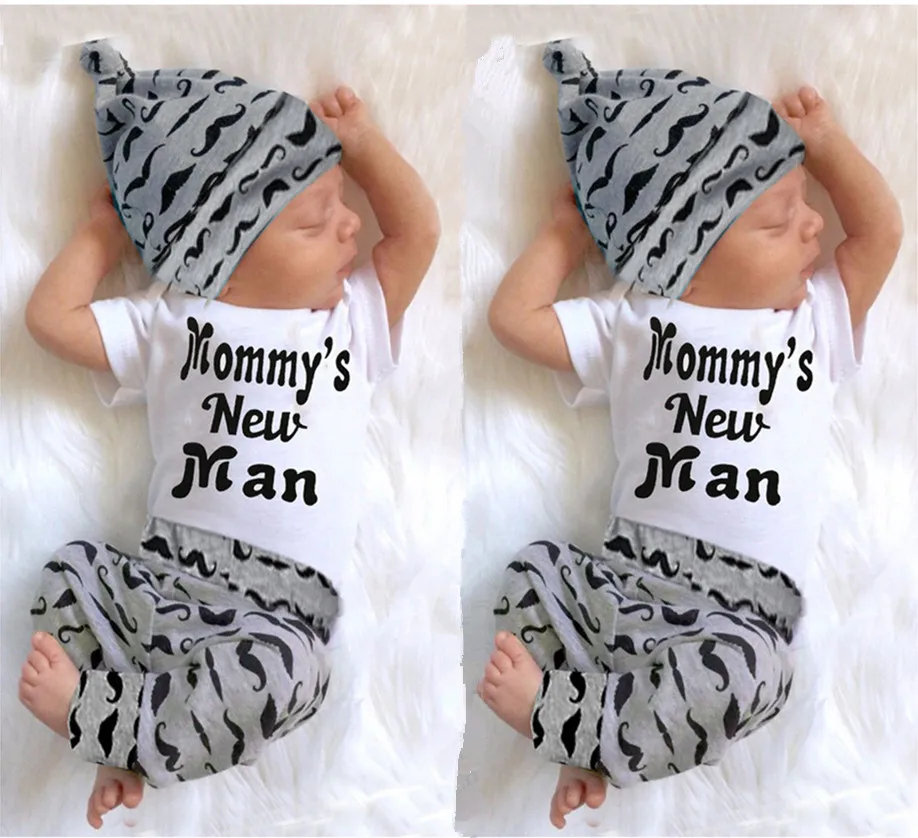 Novorojenček Dojenček Fant je 3Pcs Oblačila, ki Srčkan Pismo Mamica je Nov Človek, Kratek Rokav Romper Brki Hlače in Pokrivalo za Malčke Oblačila