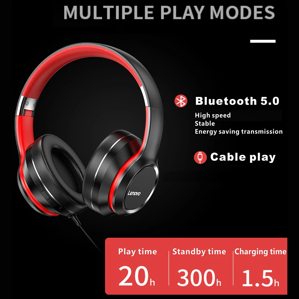 Lenovo HD200 Bluetooth 5.0 Slušalke Brezžične Zložljive Subwoofer Šport Teče Stereo Gaming Slušalke Z šumov