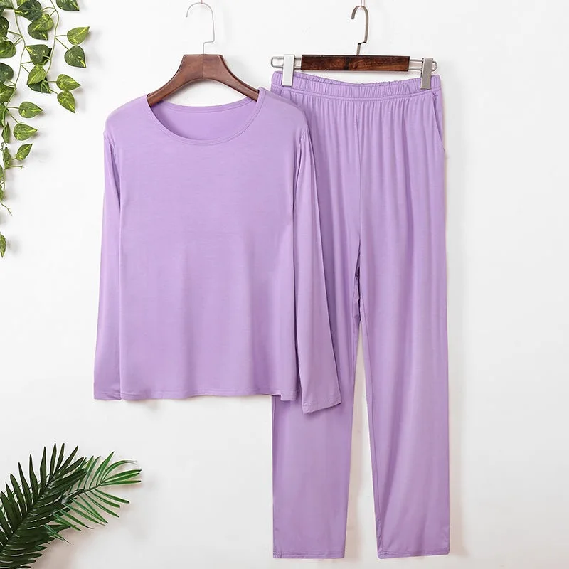 Ženske modal pižamo set 2 Kos/set Sleepwear krog vratu Plus Velikost Preprost Dolgimi rokavi, hlače, obleka ženske pižame