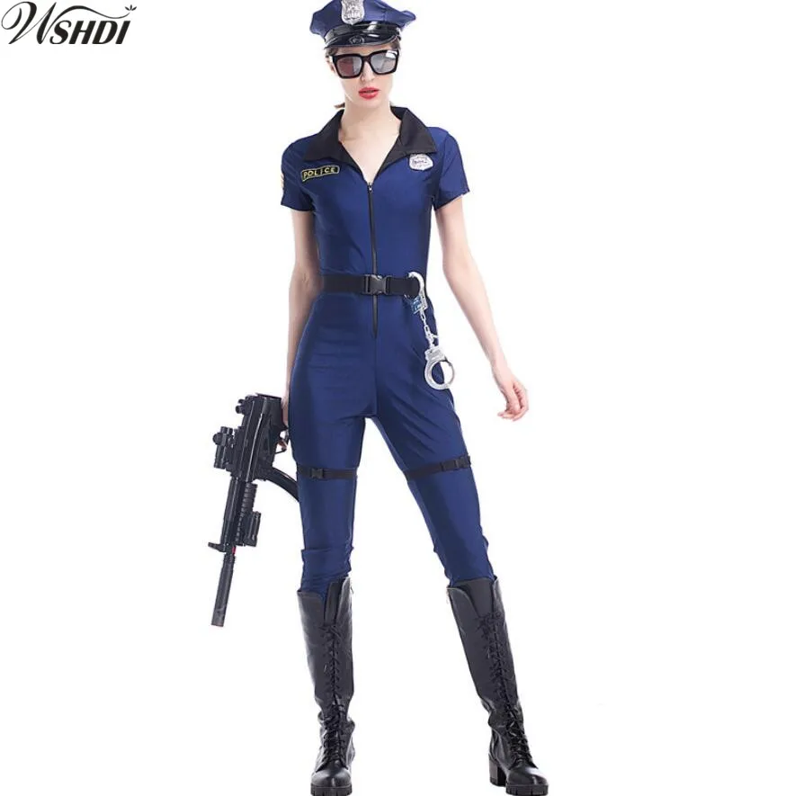 M-XL Ženske Policija Kostum za Odrasle Halloween Cosplay Policist Enotno Seksi Globoko V Vratu Modra Policewomen Jumpsuit