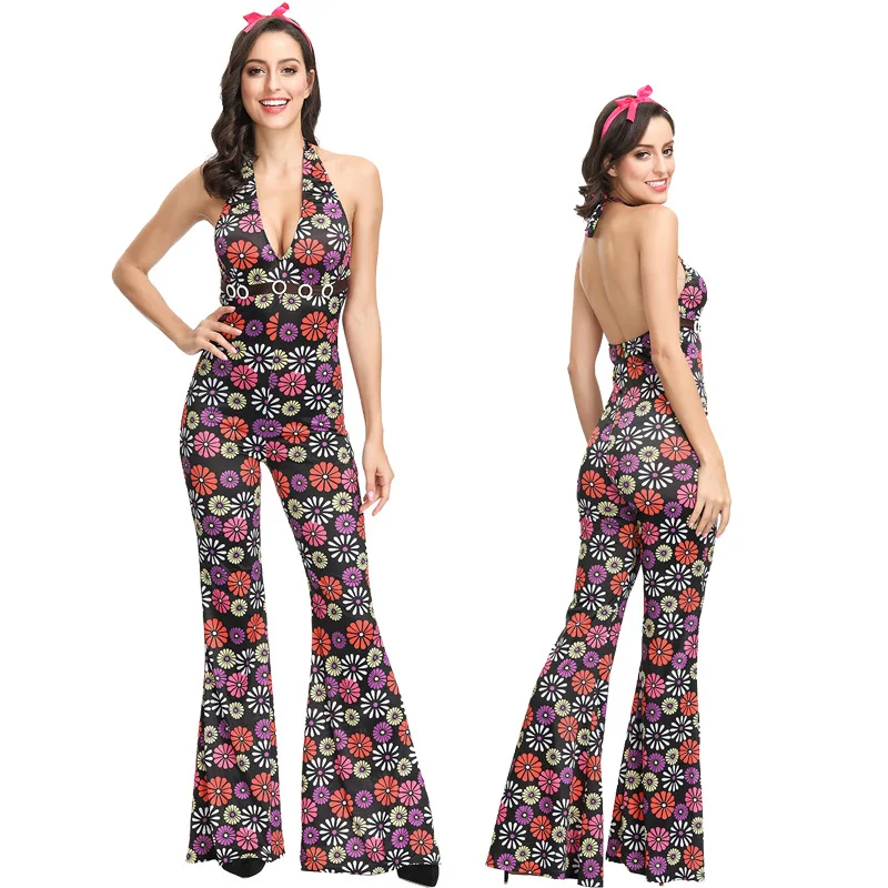 Macacao Halloween ženske jumpsuit 2019 cvjetnim tiskanja povodcem backless oblačila retro 70-ih disco dance party bar kažejo hipi kostum