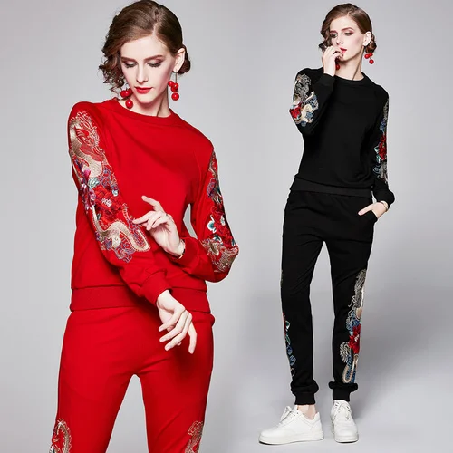 Težka Industrija Luksuzne 2 Delni Set Ženske Vezenje Ženske Dva Kosa Obleke Evropske Kapuco+hlače Ansambel Femme Deux Pieces