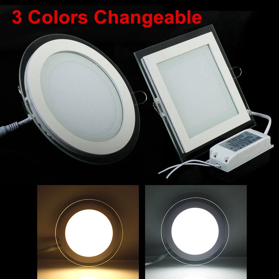 LED Panel Downlight 3 Barve Zamenljiva Kvadratnih/Okrogla Steklena Plošča, Luči, Visoko Svetlost Strop Vgradne Svetilke Za Dom