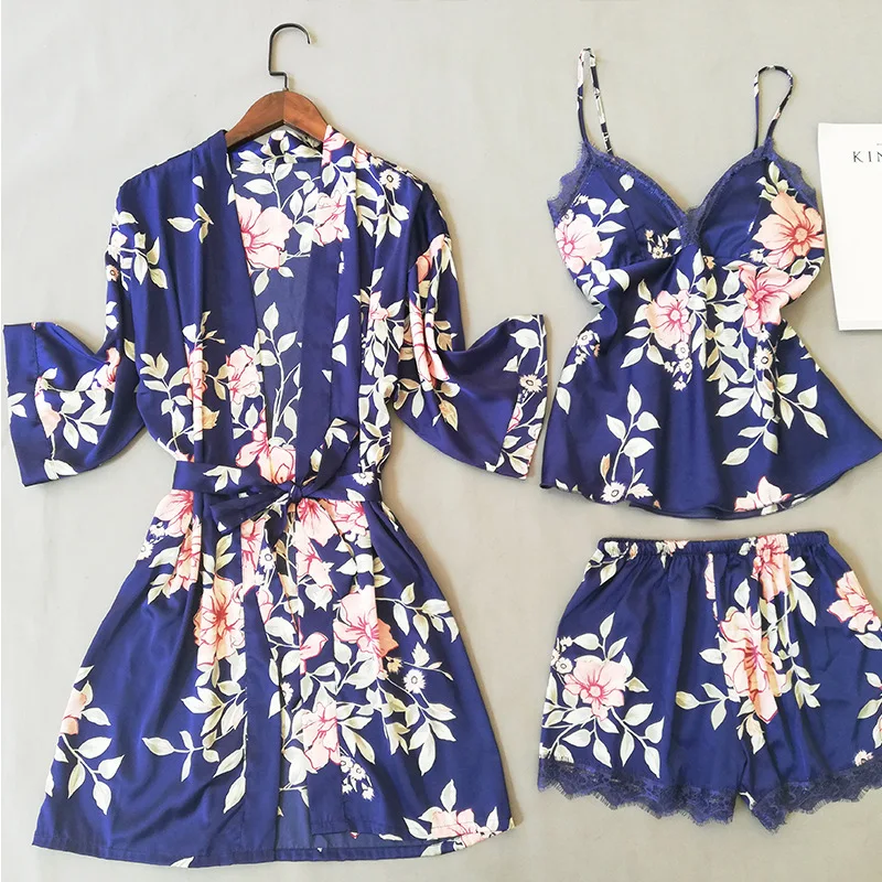 3PCS Pižamo bo Ustrezala Ženski Čipke More Saten Svilnato Intimno Perilo Sleepwear Tiskanja Nightgown Pižame Kimono Obleke kopalni plašč