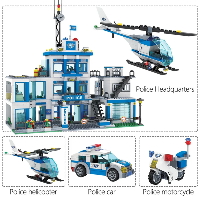 1215PCS City Policijska Postaja Sedežu Diy Helikopter gradniki Avto Številke Opeke Igrače za Otroke, Fantje Darilo