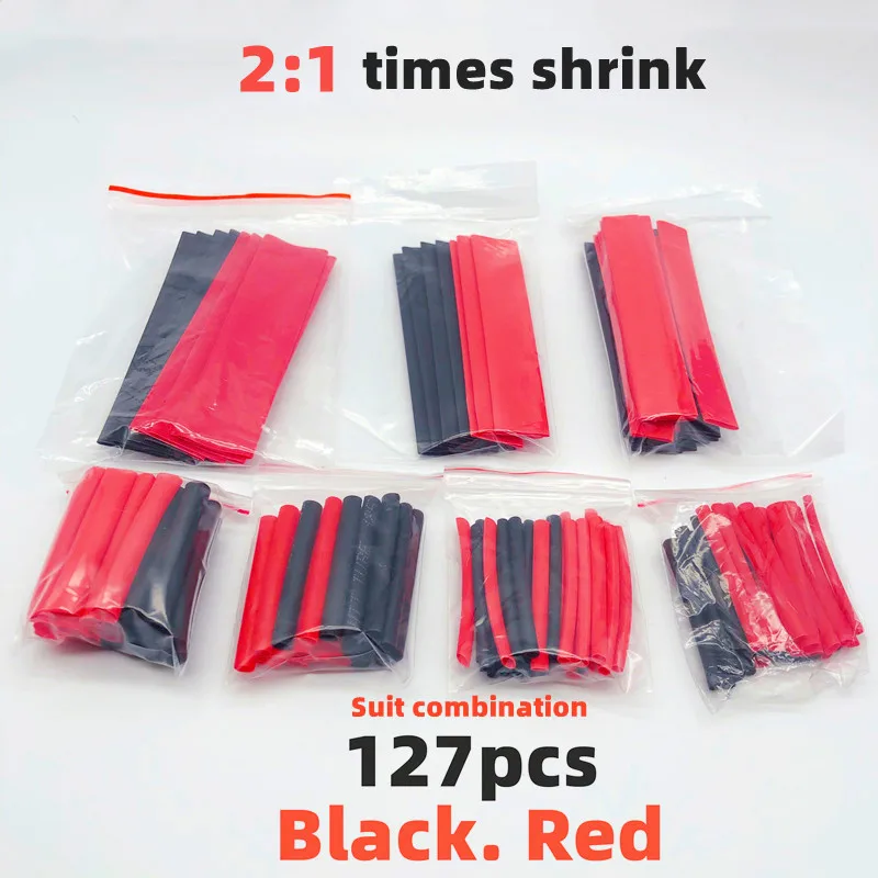 127pcs črna rdeča dvojno steno toplote shrinkable cev kombinacija ustreza električni trak izolacija rokav podatkov linija 2:1-krat skrči