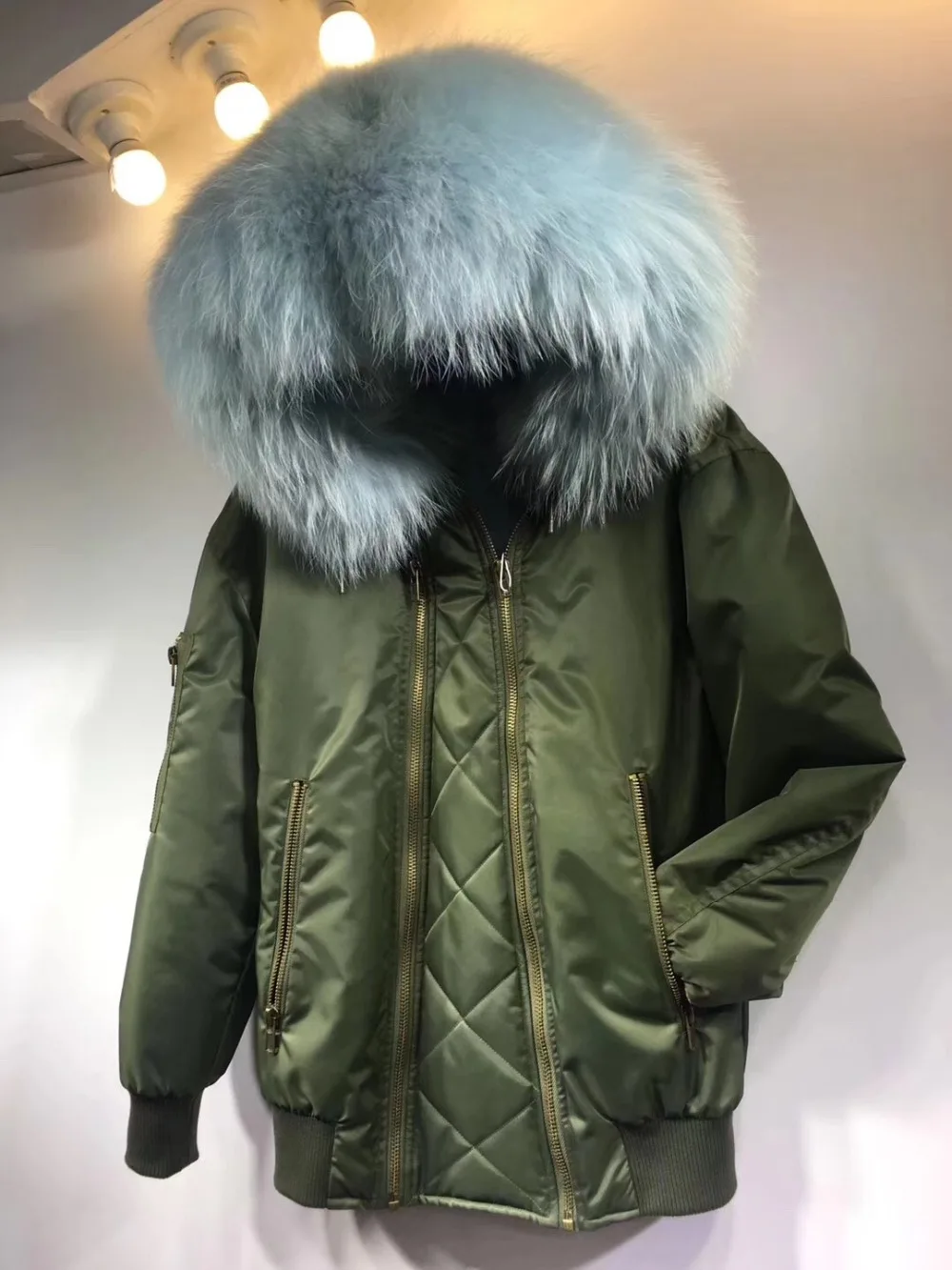 Meifng nepremočljiva dvojno zadrgo slog kahkai vojske zelena bombnik skyblue ženske krzno ovratnik zimska oblačila