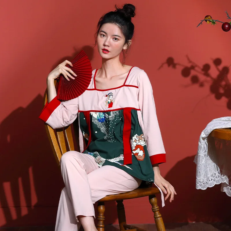 Pijama Spomladi in Jeseni Kitajski Slog Bombažno Pižamo ženska Moda in Ženske Domov Storitev Obleko, dvodelno, Bielizna Damska Komplety