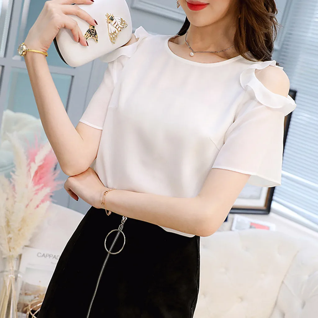 2019 Nove Eksplozije modeli žensk pisarna brez naramnic ogrlicom kratka sleeved barva šifon plus rokavi top рубашка женская 40*