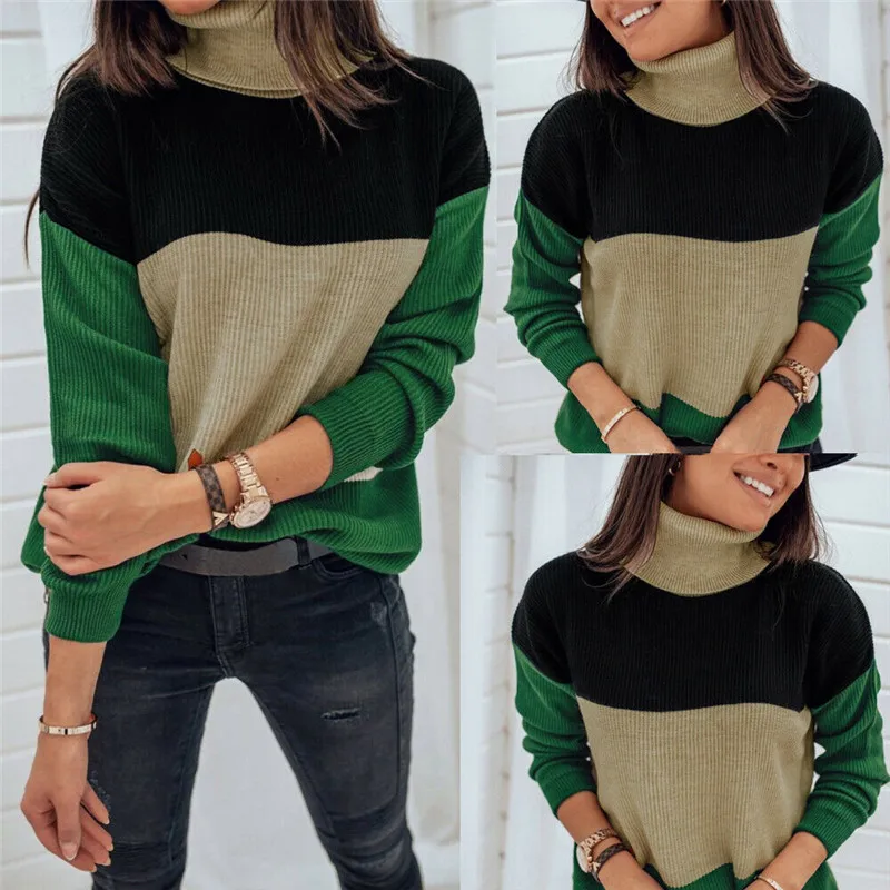 Brezplačna dostava za Ženske obleke z Dolgimi Rokavi Geometrijo puloverju Pulover Turtleneck Toplo Mozaik Pletenine Poliester Vrhovi enega kosov