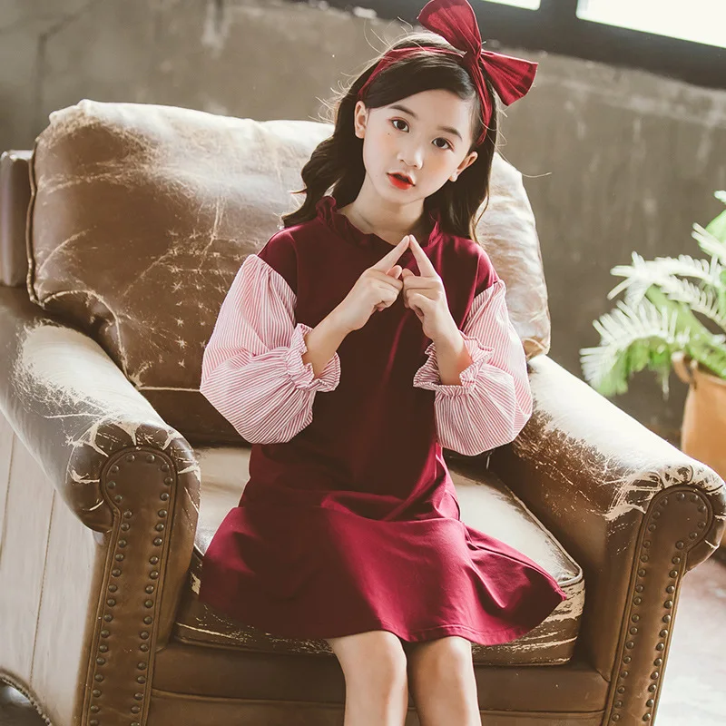Otroci Obleke za Dekleta 2019 Novi korejski Ovratničarski Izrez Elegantno Princesa Obleko Otrok Ponaredek Dva-kos Bombaža Obleko 4-12 Let