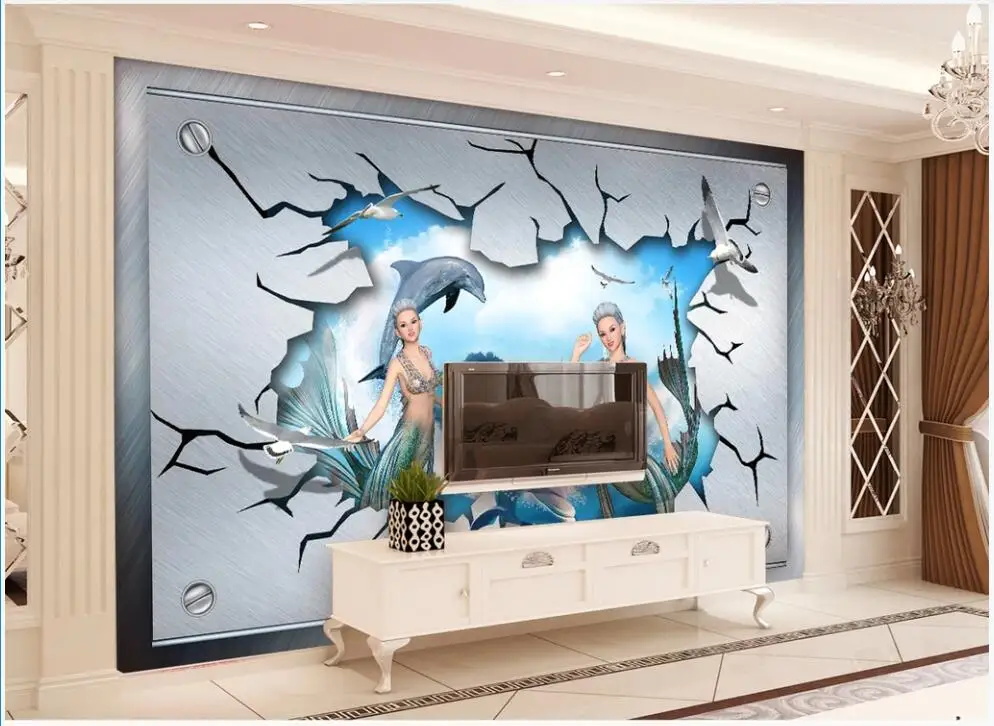 Po meri freska na steni papir 3 d Tihem Svetu morska deklica Delfina Zid doma dekor fotografijo za Ozadje v dnevni sobi