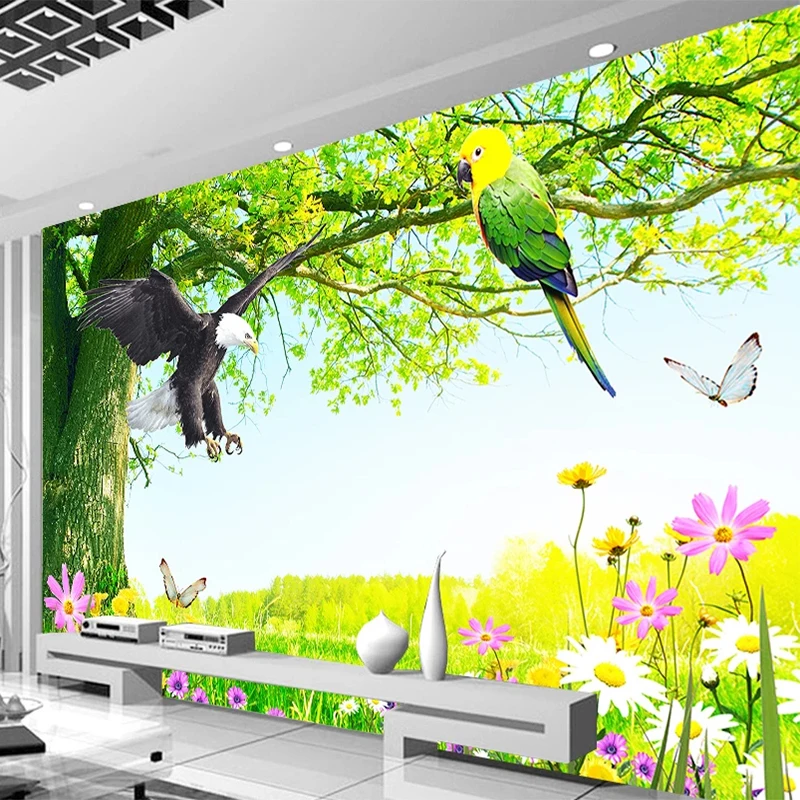 Po meri 3D Ozadje Klasično Naravo, Pokrajino Cvetje In Ptice Freske Dnevna Soba, TV, Kavč Doma Dekor 3D Nepremočljiva Stenske Nalepke