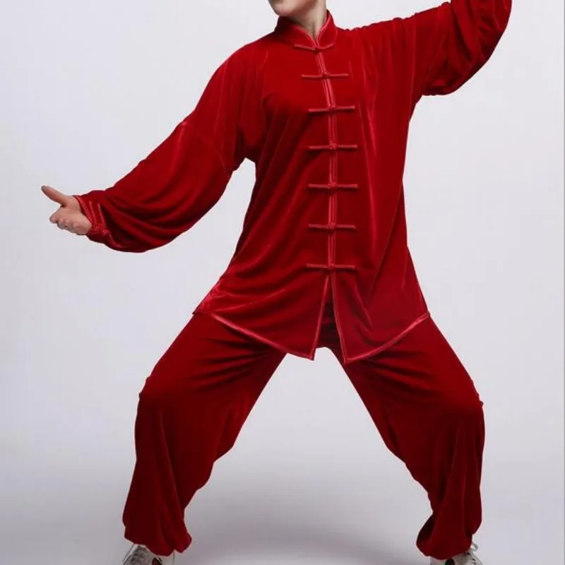 Ženske Žamet Wing Chun Kung Fu Oblačila Tai ji Wu Shu Kostum Polno Sleeve Solid Color Borilne veščine Kompleti Za Ženske Plus Velikost Rdeča