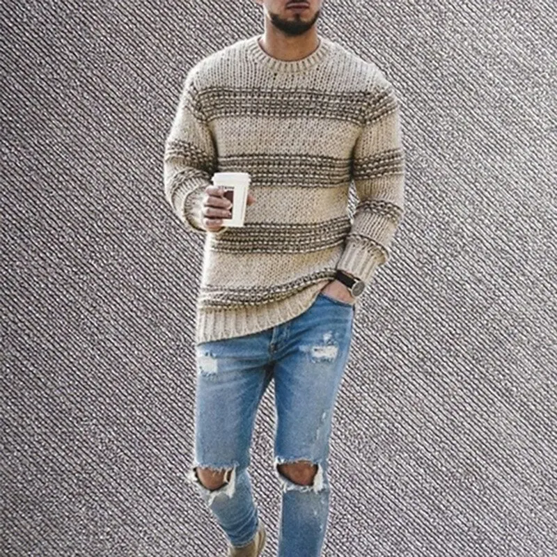 Pletenje Sweater Moški Jeseni Nov Prosti Čas Priložnostne Mozaik Barvnih Stripes Puloverji Puloverji, Moški Pozimi Topla Oblačila