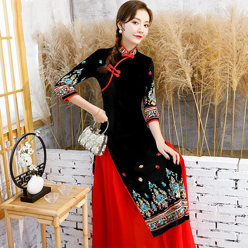 3/4 Rokav Velur Lady svate Naguban Cheongsam Obleko Vezenje Cvet Dolgo Qipao Plus Velikost 3XL 4XL 5XL Kitajske Obleke