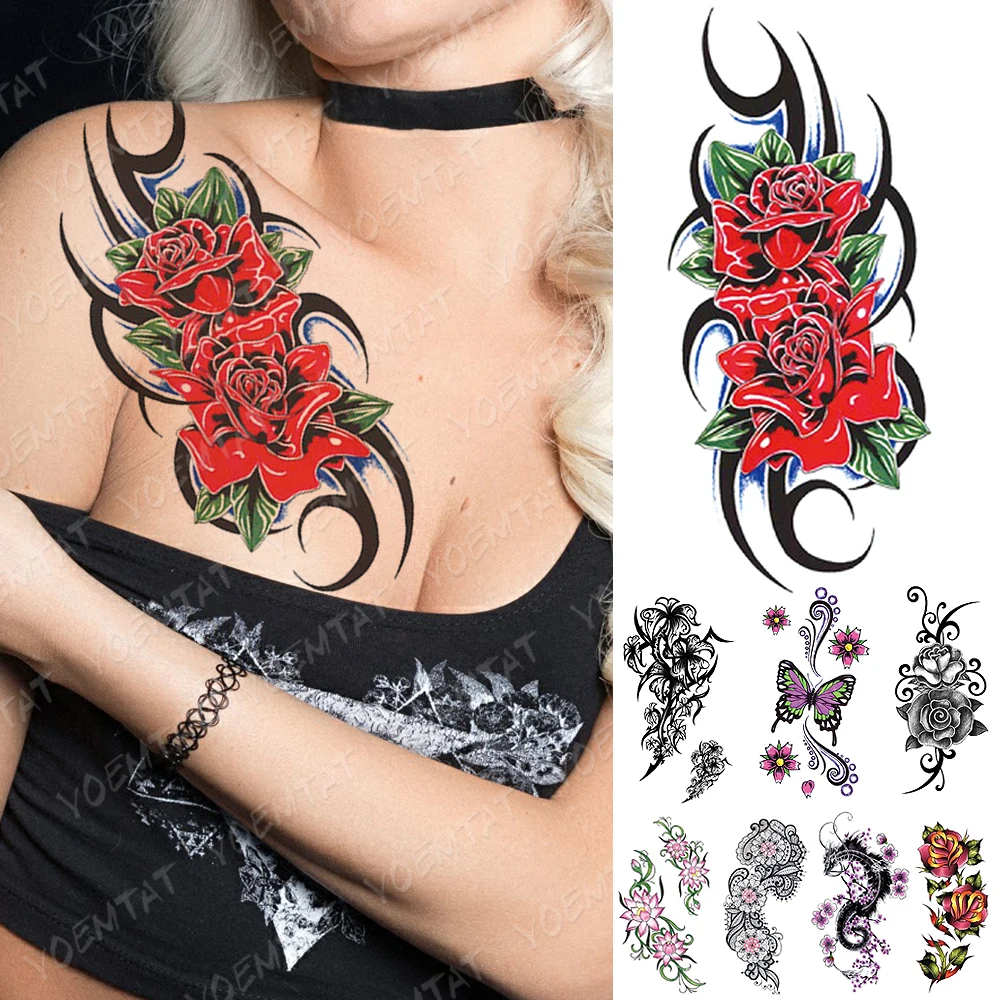 Nepremočljiva Začasni Tattoo Nalepke Totem Rose Cvetje Flash Tetovaže Metulj Zmaj Lotus Body Art Roko Ponaredek Rokav Tattoo Ženske