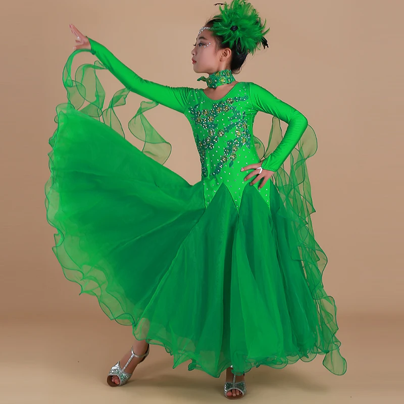 Novi Zeleni Dekleta sodobno plesno obleko Kostume Ballroom ples konkurence obleke za otroke valček sodobne krila Poceni obleko