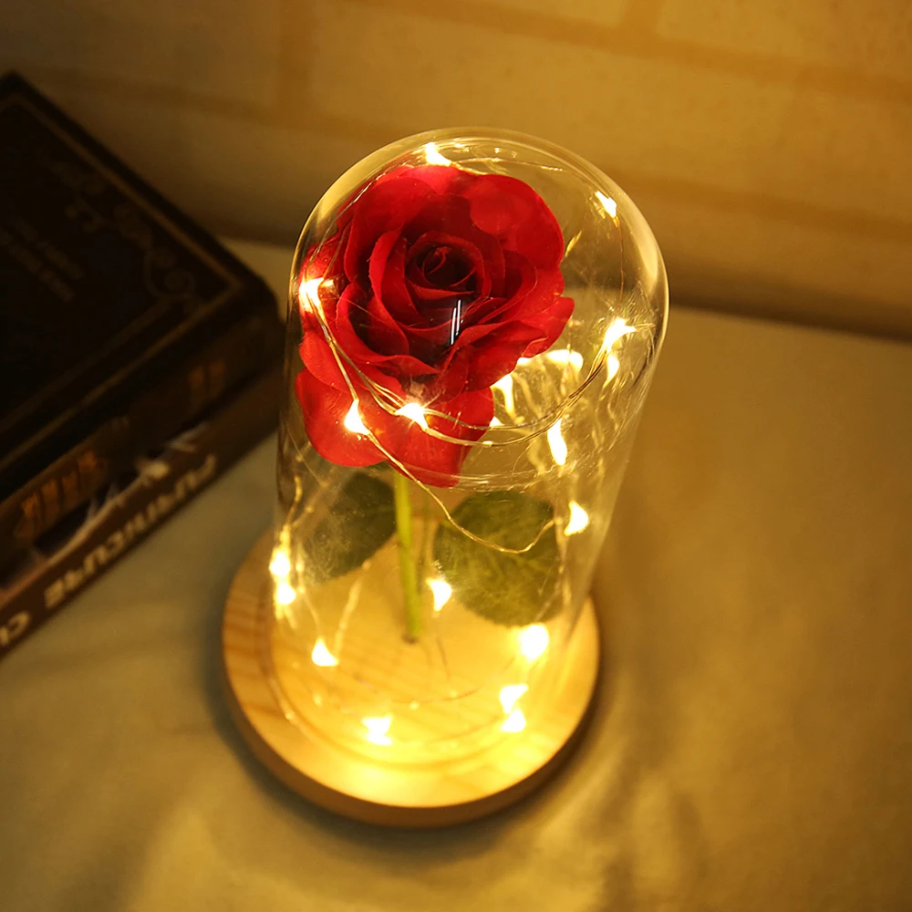 Novi Cvet Rdeče Vrtnice V Stekleno Kupolo Leseno Osnovo LED Rose Svetilke Dom Dekoracija dodatna Oprema Umetne Rože valentinovo Darilo