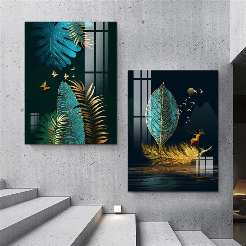 Nepremočljiva Kitajski Slog Zeleno in Zlato Platno Slikarstvo Plakat in Tiskanje Quadros Wall Art Slik, Dnevna Soba Dekor Cuadros