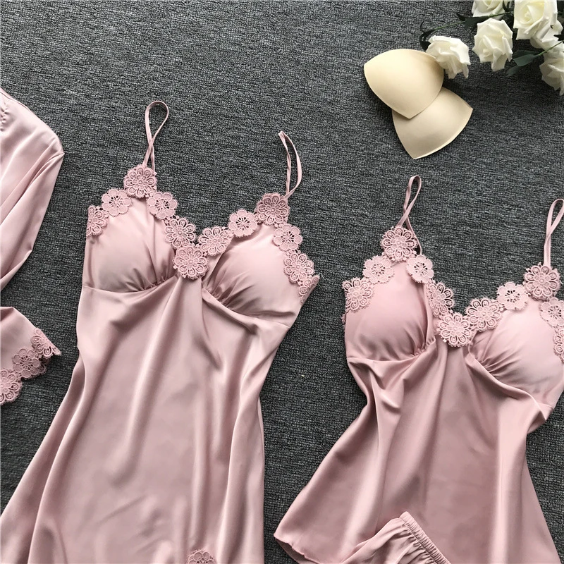 Seksi pižamo zanko ženski poletje 4-delni umetno svilo korejski nightdress nov modni domov storitev сексуальный халат Noč set