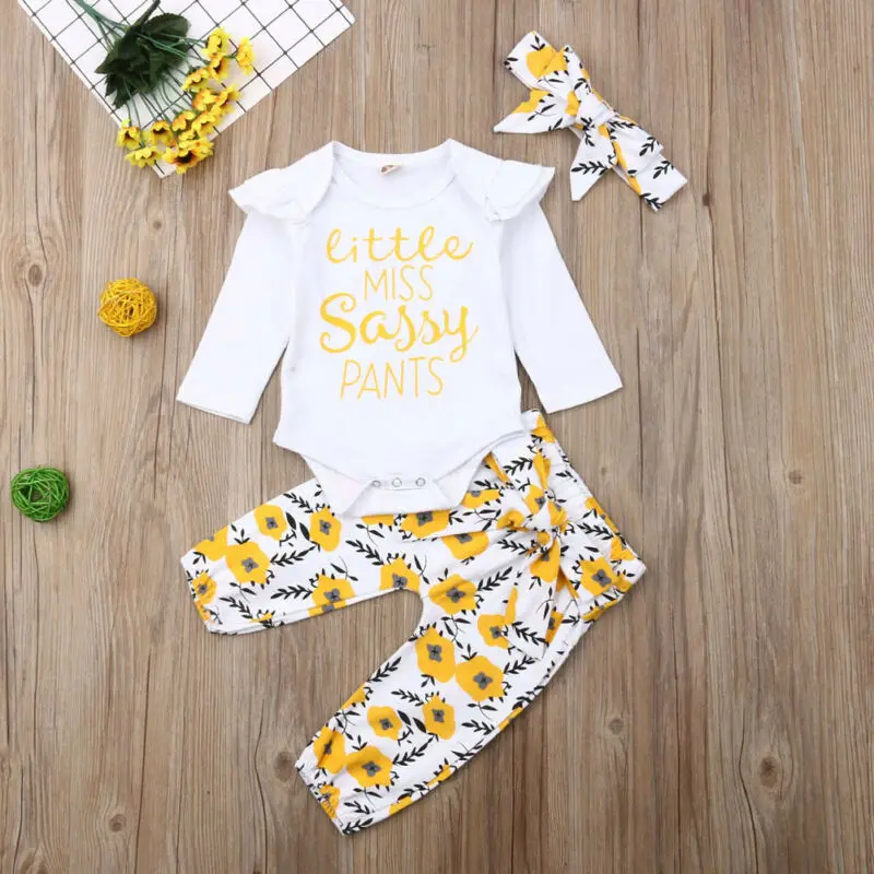 Baby Dekle Cvetlični Oblačila, ki 3Pcs Novorojenega Dojenčka Dekleta Ruffle Long Sleeve Zgornji del + Hlače + Glavo Obleke 0-24 Mesecev