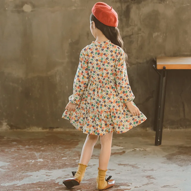 2020 najstnik dekleta svoboden šifon obleko z dolgimi rokavi pomlad jesen cvjetnim tiskanje bombaž obleko za 3 -13 let velika punca obleke