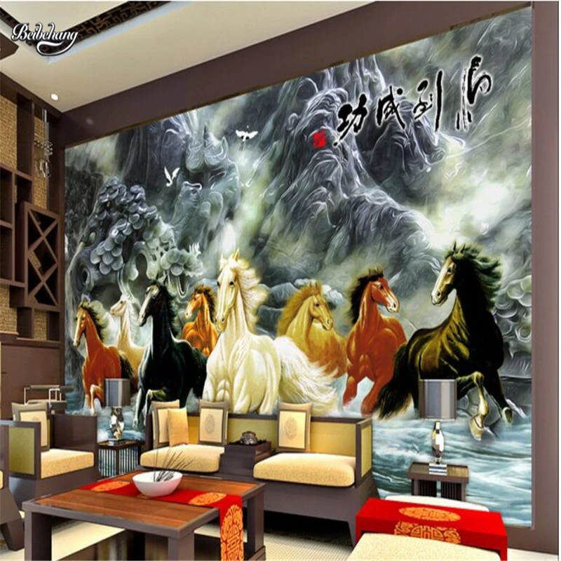 Beibehang Konj za uspeh reliefni freske TV ozadje po meri, veliko fresko netkanih materialov super zeleno ozadje