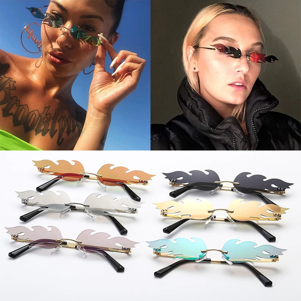 Ženske Moški Modni Požara, Plamen sončna Očala Za Rimless Val Očala za Sonce (UV 400 Očala Luksuzni Trending Ozko sončna Očala Ulične