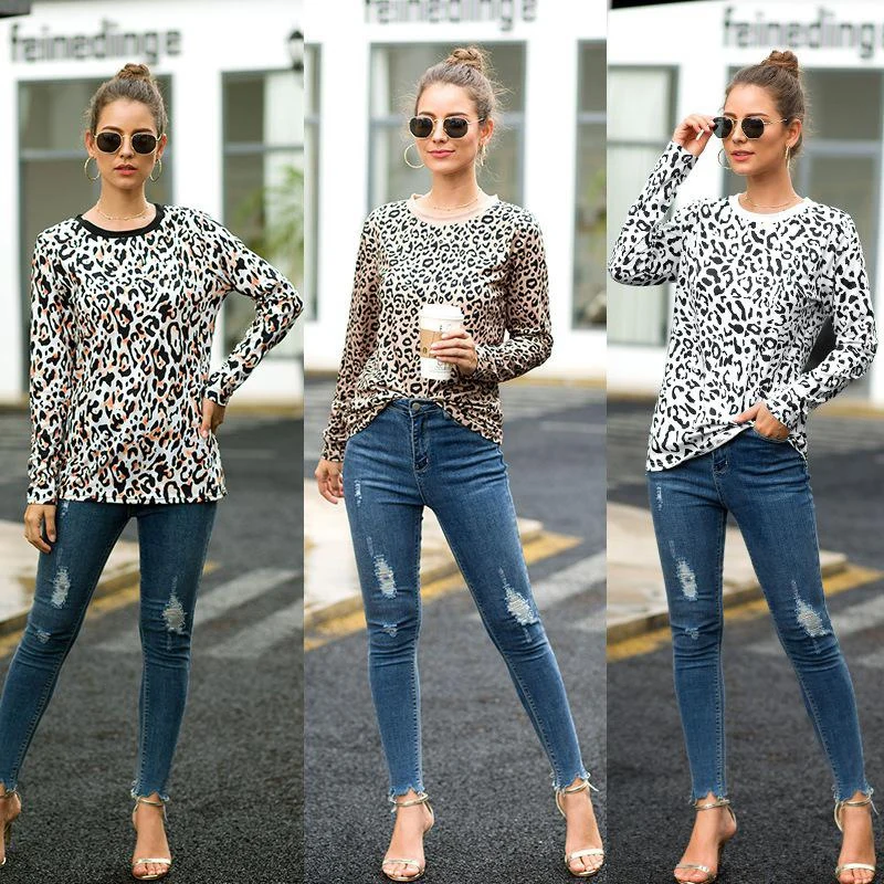 Ženske Leopard Print majica s kratkimi rokavi Krog Vratu Dolgo sleeved Svoboden Priložnostne Moda Tee Majica NAS Skladišče