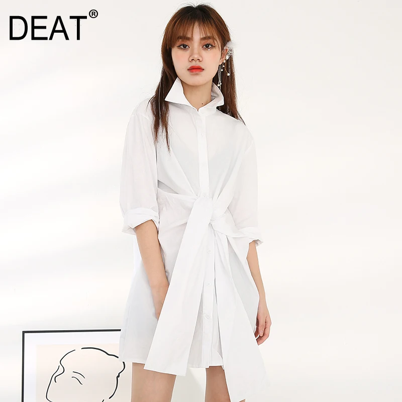DEAT 2021 jasno zalog belo srajco zavoj navzdol ovratnik pol rokavi pasu pasu bombažno bluzo ženski top WC31700