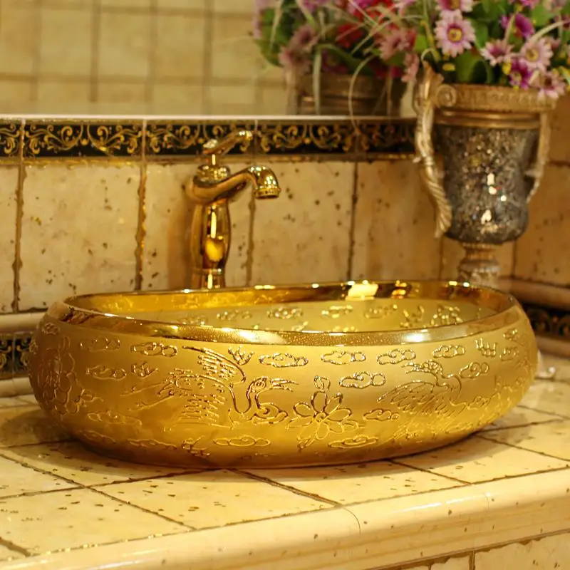 Razkošno Reliefni Zlati porcelana kopalnica nečimrnosti, kopalnica, umivalnik skledo točilne Ovalne Keramični umivalnik, kopalnica, umivalnik