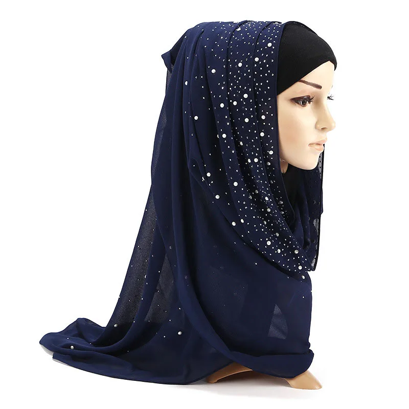Studded Pearl Šifon Hijabs Navaden ženski Šal Pokrivala Zaviti Rute Šal Modi 20 Barv 70*175cm