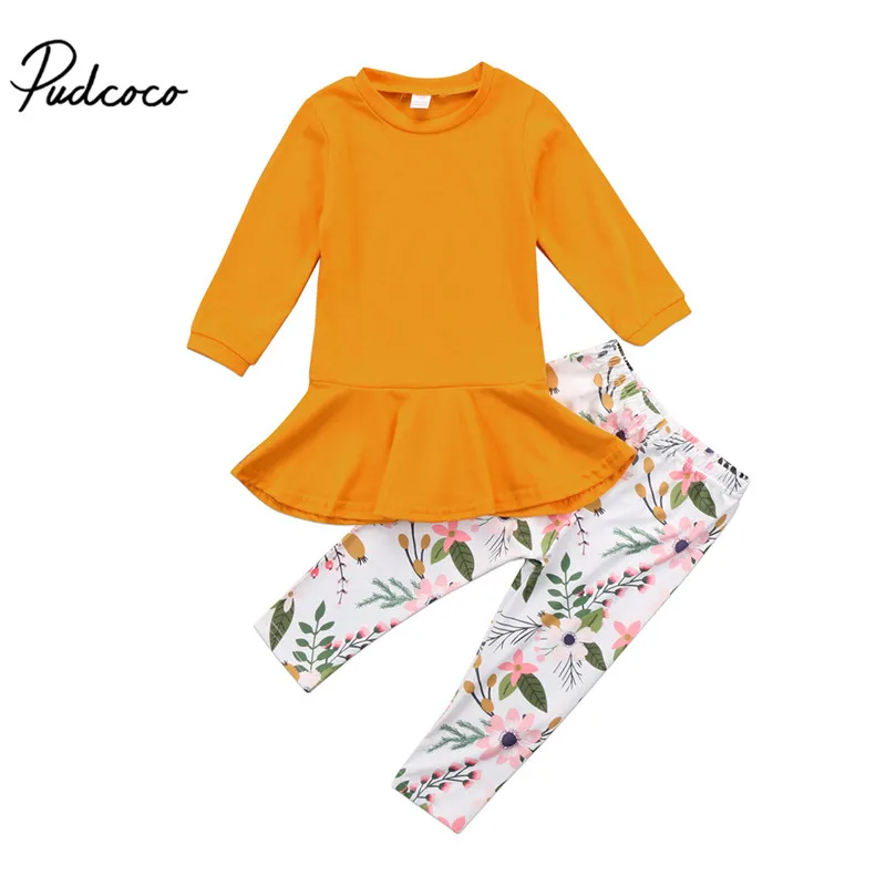 2-7Y Malčka Otroci Baby Dekleta Obleke Obleke Long Sleeve Solid T-shirt Vrhovi Obleko+Cvetlični Hlače, Dokolenke 2Pcs Moda Priložnostne Set