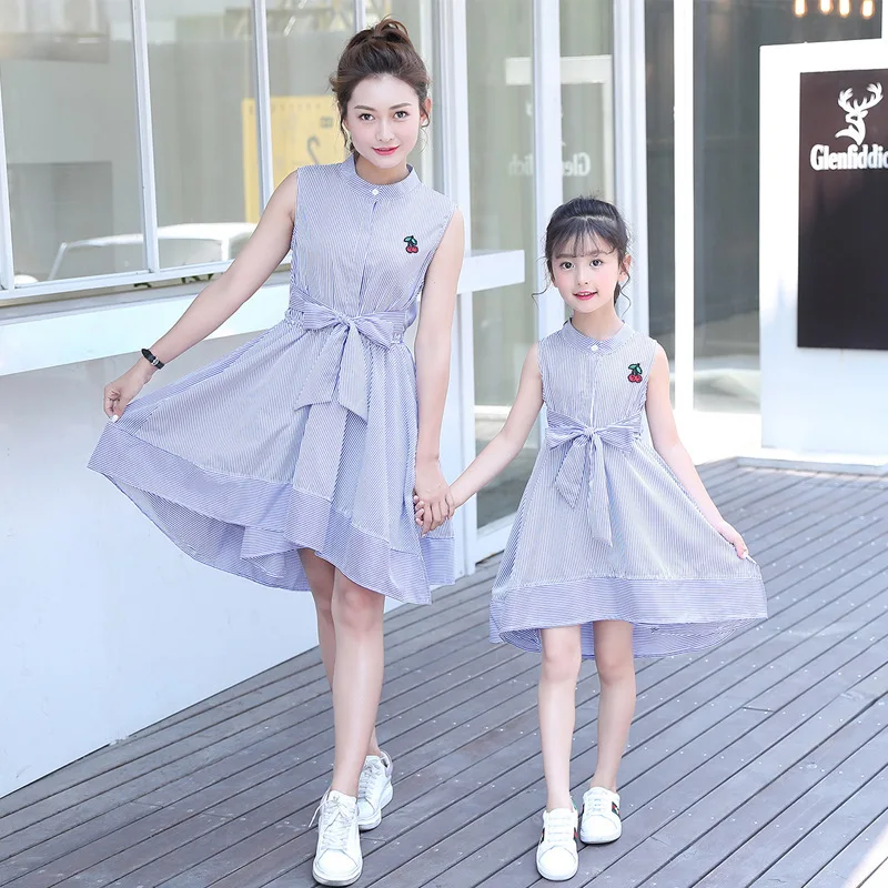2019 novo družino Ujemanje Obleko oblačila moda mama in hči dekle obleko trakove kratka sleeved obleko dekleta baby