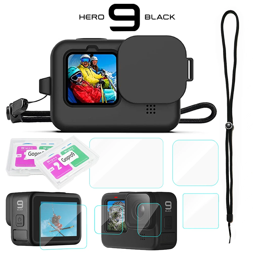 Zaščitna Silikonsko Ohišje za GoPro Hero 9 Črno Kaljeno Steklo Screen Protector Film Objektiva Kritje za Go Pro 9 Pribor