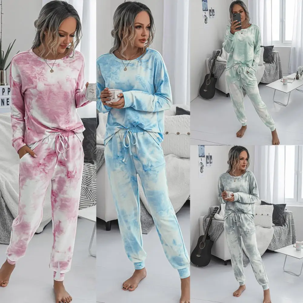 2020 Novo Tie Dye Natisnjeni Ženske Pižame Dolg Rokav Vrhovi In Dolge Hlače Hooded Pijamas Feminino Nastavite More Priložnostne Sleepwear